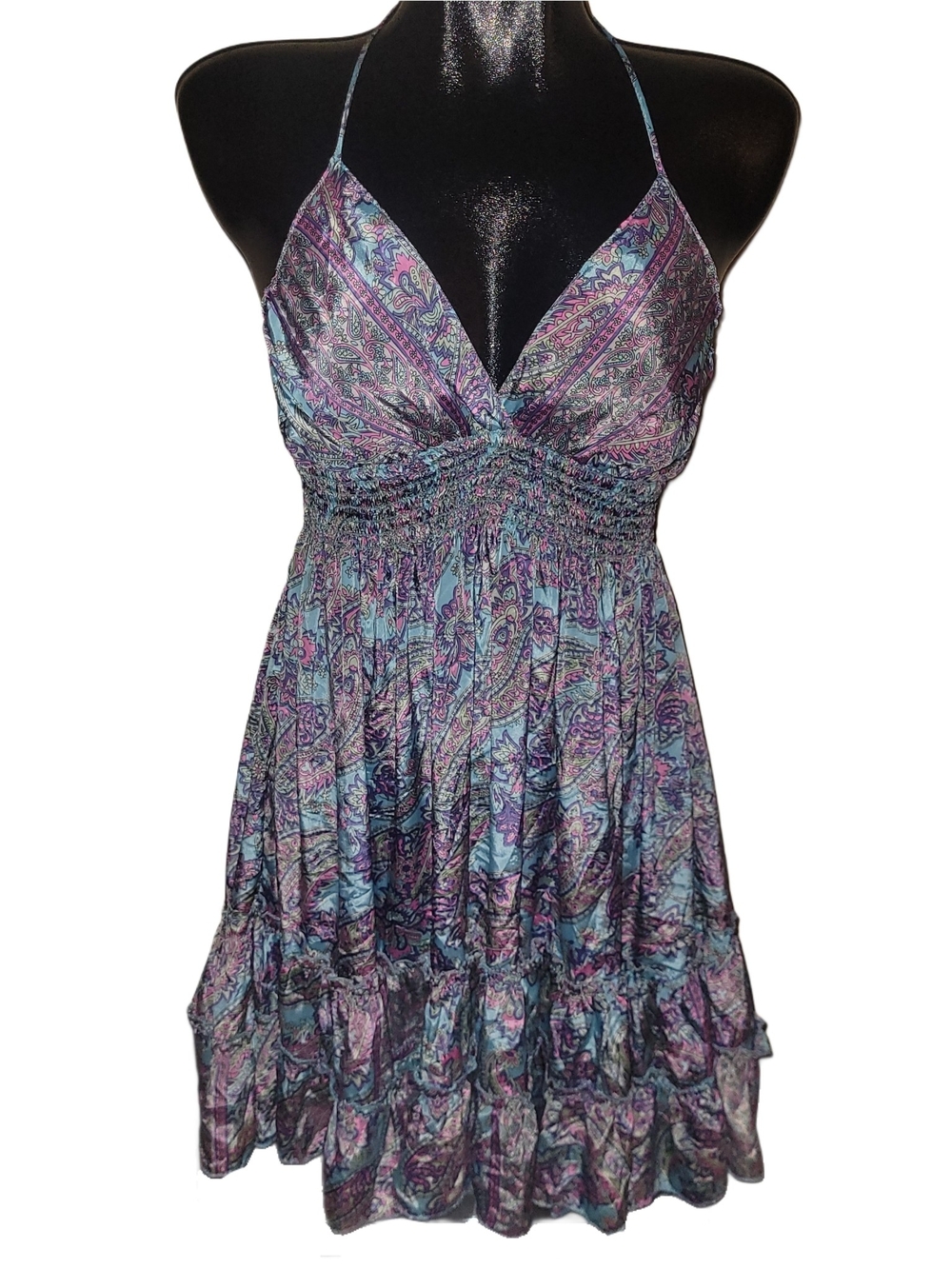 Zury Pink & Blue Paisley Silk Blend Boho Halter Mini Dress Free Size